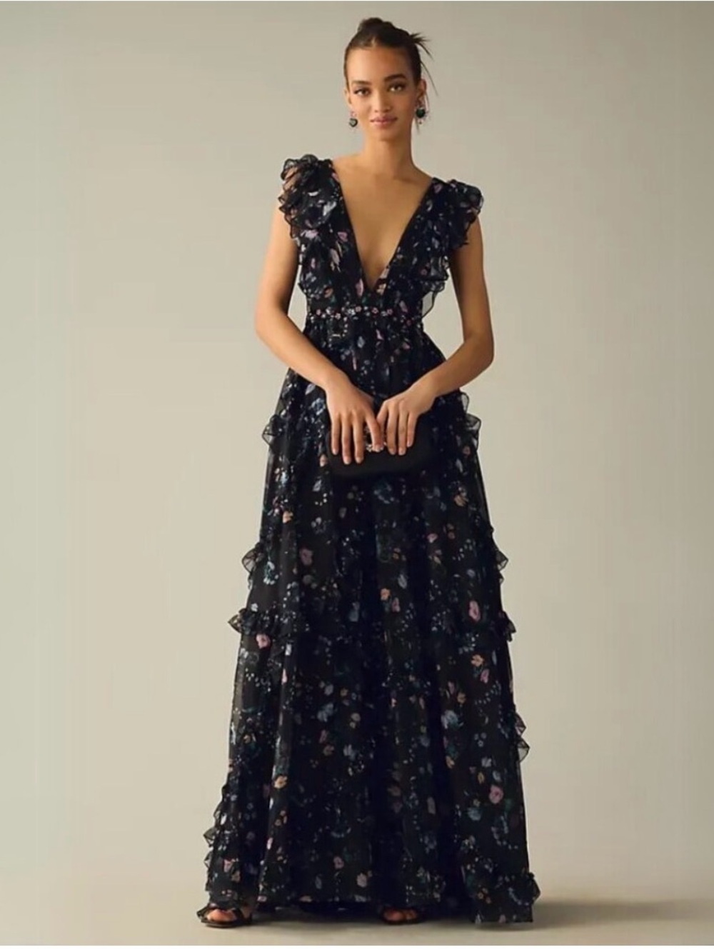 Mac Duggal Black Floral V-Neck Ruffle Tiered Maxi Dress